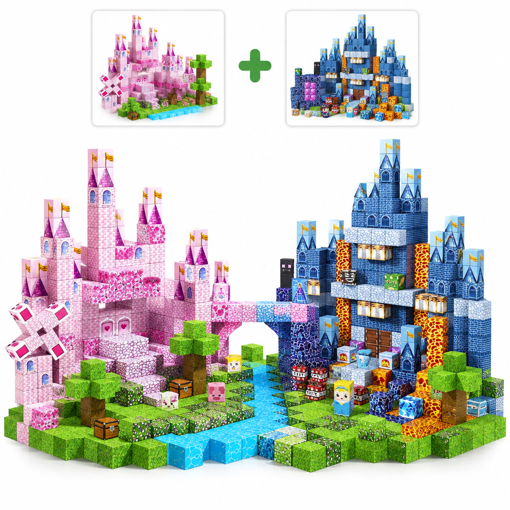 Duo Frère & Sœur : Château Rose et Château Bleu fusionnés en cubes magnétiques