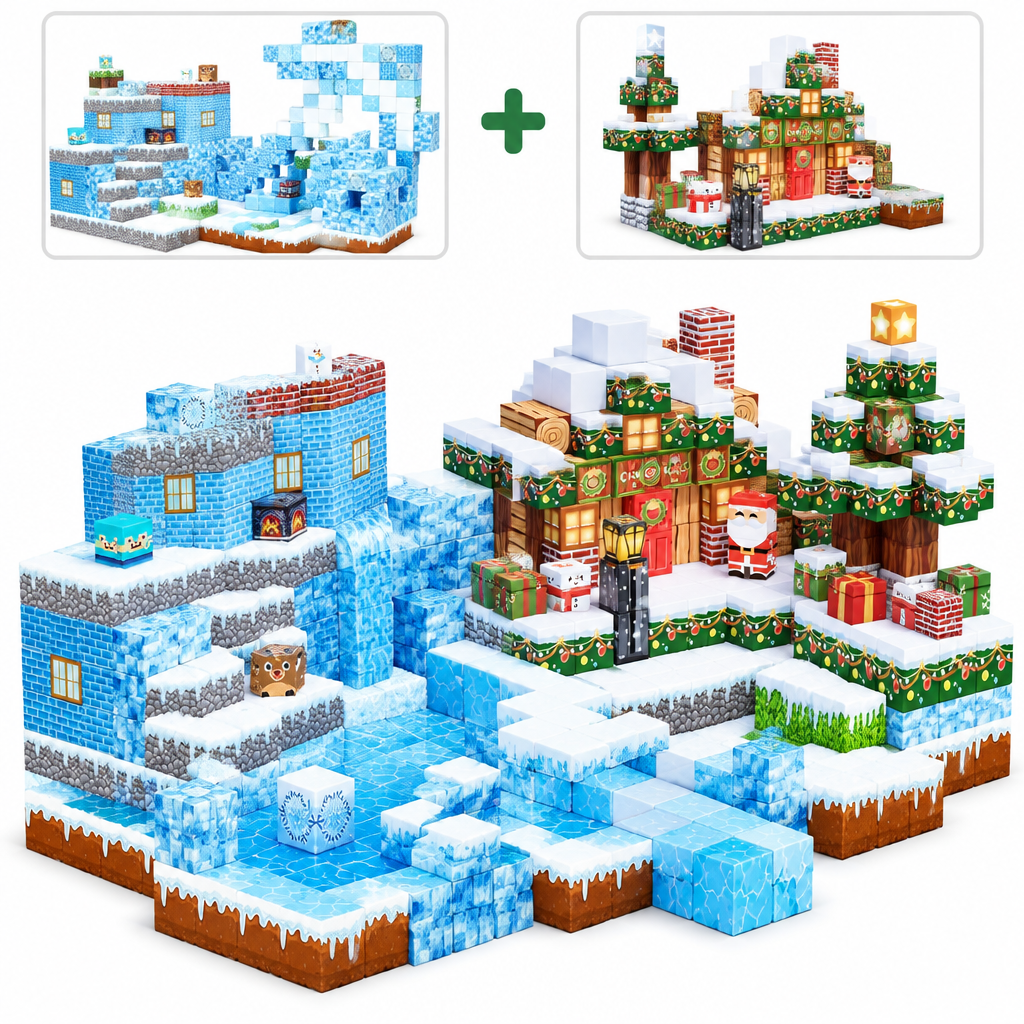 Duo Grand Nord : Banquise et Chalet & Sapin fusionnés en cubes magnétiques