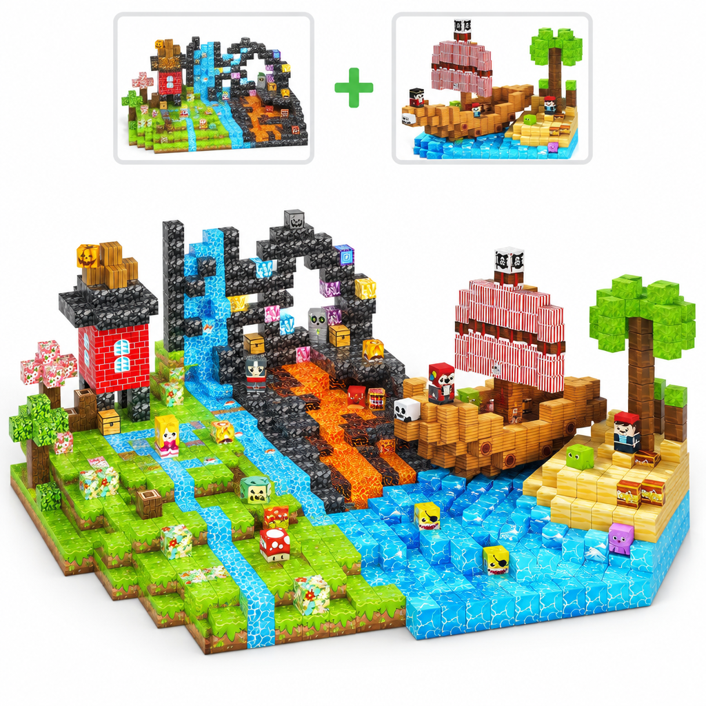 Duo Grande Aventure : Aventure Complet et Bateau Pirate fusionnés en cubes magnétiques