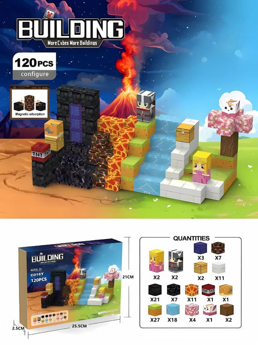 Set Volcan & Portail 120 pièces — cubes magnétiques Magnétiplay