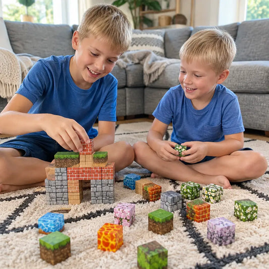 Enfants qui construisent avec des cubes magnétiques Magnétiplay dans le salon