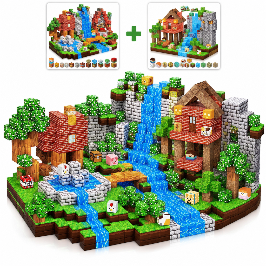Duo Rivière Enchantée : sets Rivière & Village et Cascade & Cabane fusionnés en un seul monde de cubes magnétiques