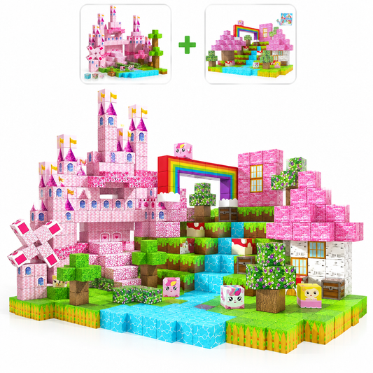 Duo Royaume Enchanté : Château Rose et Licorne & Arc-en-ciel fusionnés en cubes magnétiques