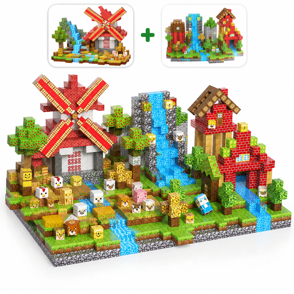 Duo Grande Ferme : Ferme & Moulin et Village Fermier fusionnés en cubes magnétiques