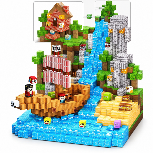 Duo Aventure : Bateau Pirate et Cascade & Cabane fusionnés en cubes magnétiques
