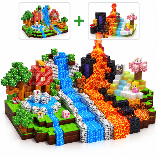 Duo Fleuve de Lave : Rivière & Village et Volcan & Portail fusionnés en cubes magnétiques