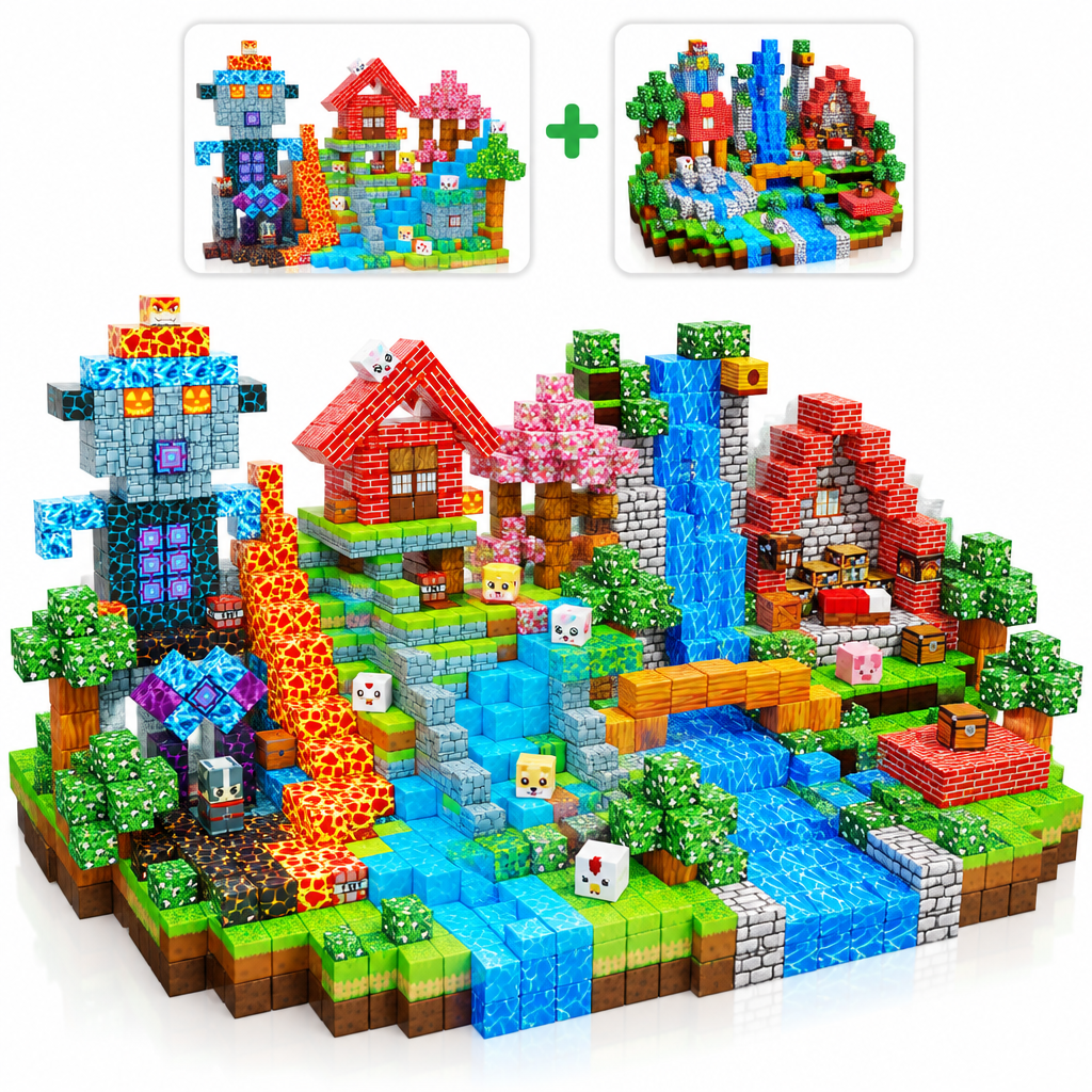 Duo Créatif : Grand Set Créatif et Rivière & Village fusionnés en cubes magnétiques
