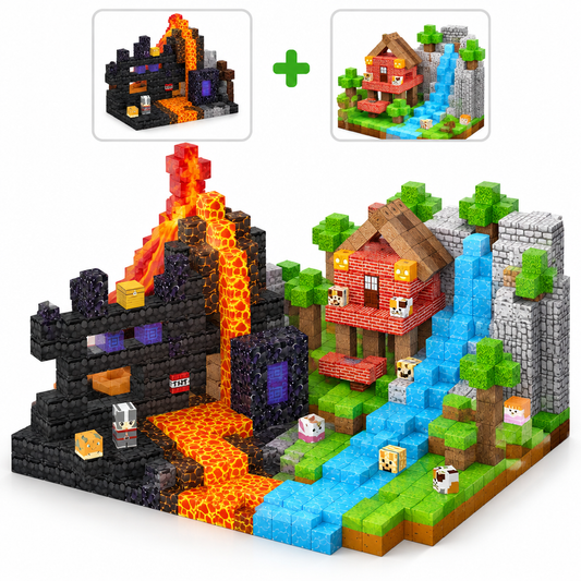 Duo Volcan Géant : Volcan & Portail Géant et Cascade & Cabane fusionnés en cubes magnétiques