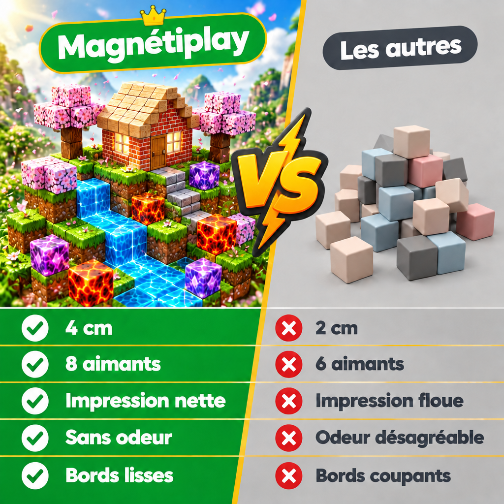 Comparatif cubes magnétiques Magnétiplay contre cubes génériques : 4 cm, 8 aimants, sans odeur