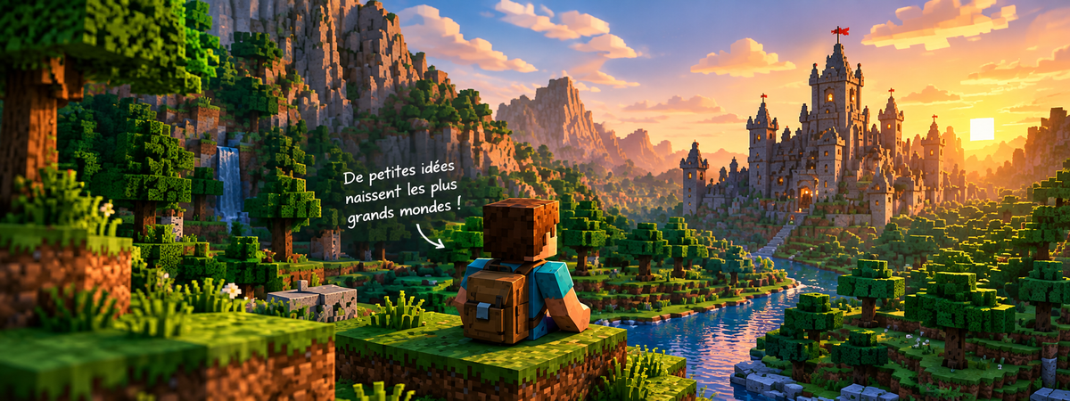 Un personnage en cubes contemple un monde de blocs avec un château