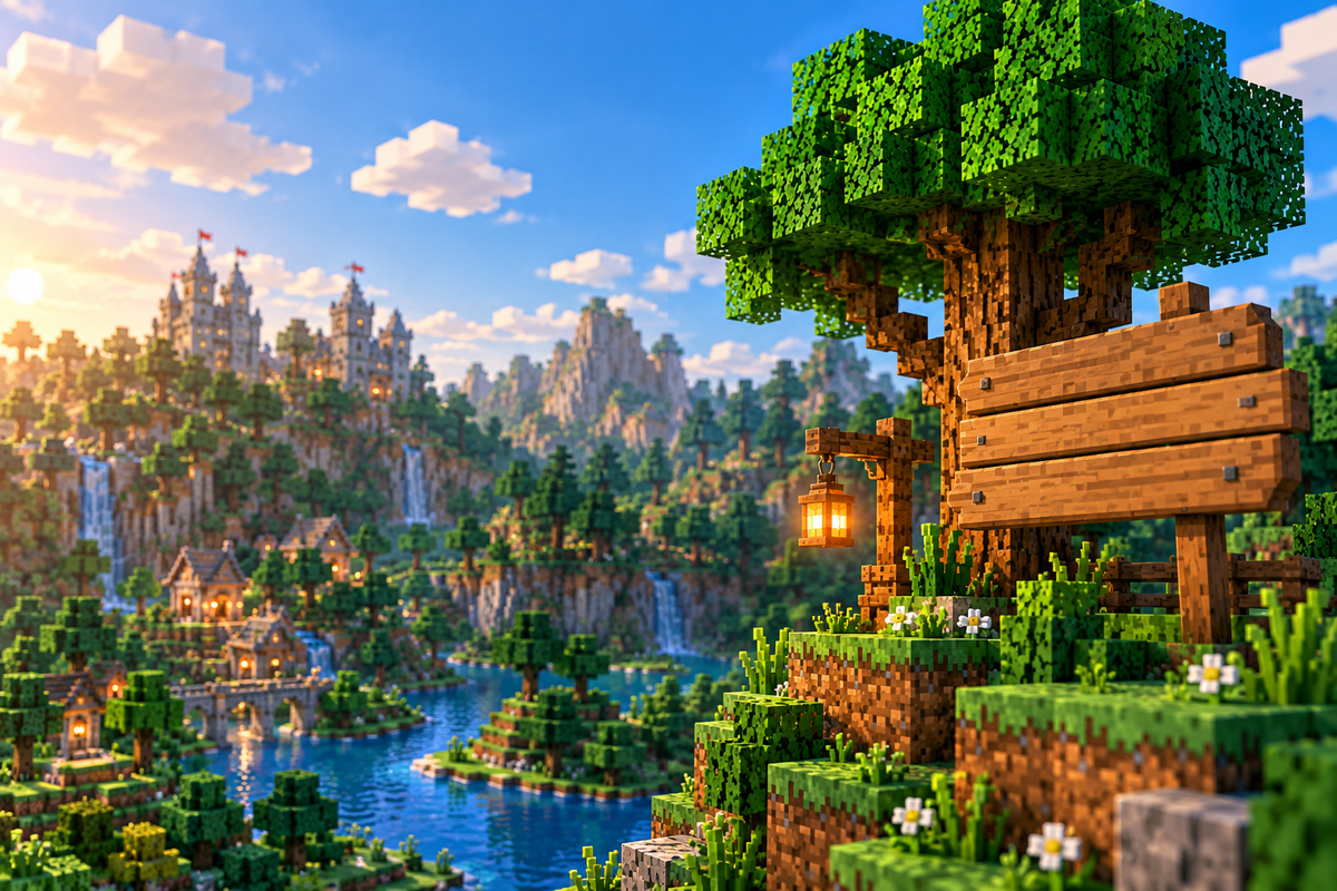 Un arbre en cubes avec un panneau en bois devant un monde de blocs